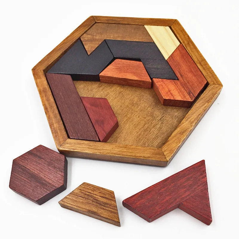 3D Hexagonal Wooden Puzzles Educational Toys For Children Kids Preschool Tangram Board Brain IQ Test Game Montessori Toys Gifts