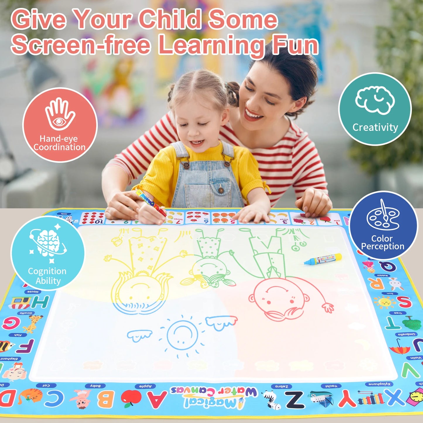 Coolplay Water Doodle Mat Coloring Drawing Mat with Reusable Magic Pens Montessori Painting Board Educational Toys Kids Gifts