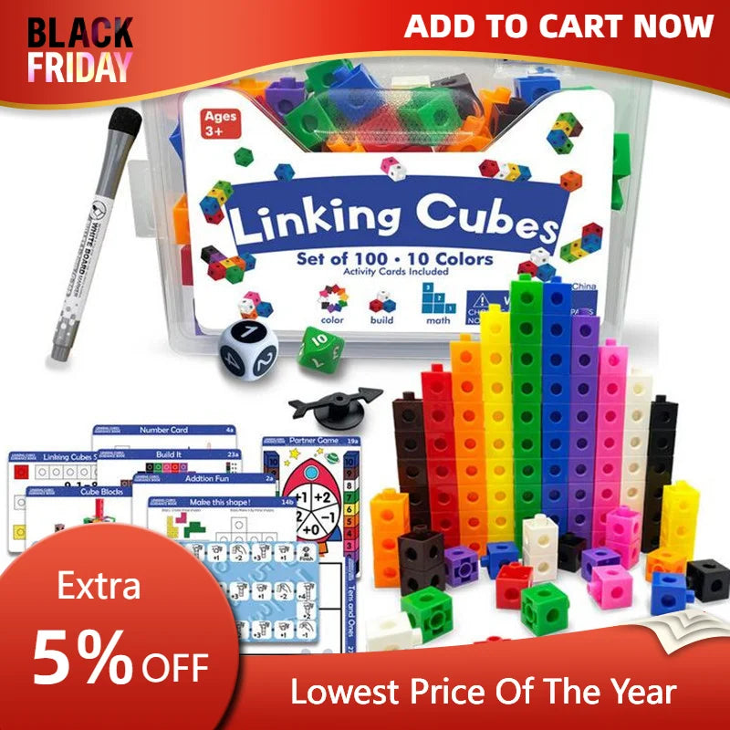 Linking Math Cubes Set of 100 Counting Blocks Toys Snap Blocks for Early Math and Construction Educational Toy for Preschool 3+