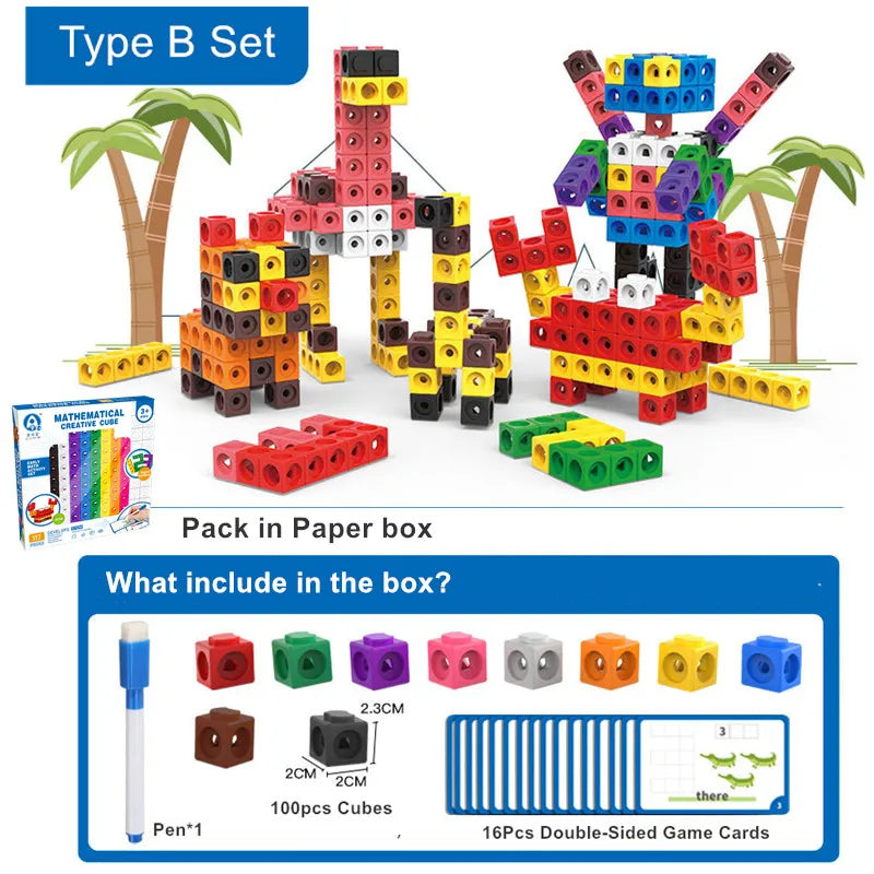 Linking Math Cubes Set of 100 Counting Blocks Toys Snap Blocks for Early Math and Construction Educational Toy for Preschool 3+