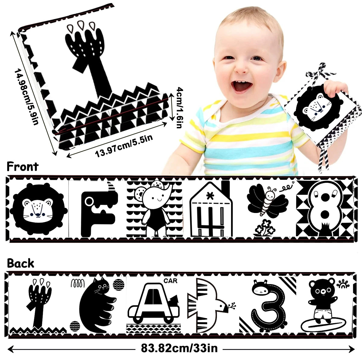 Baby Cloth Book Black and White High Contrast Sensory Toys Early Education Toddlers Sensory Activity Fabric Book for Babies